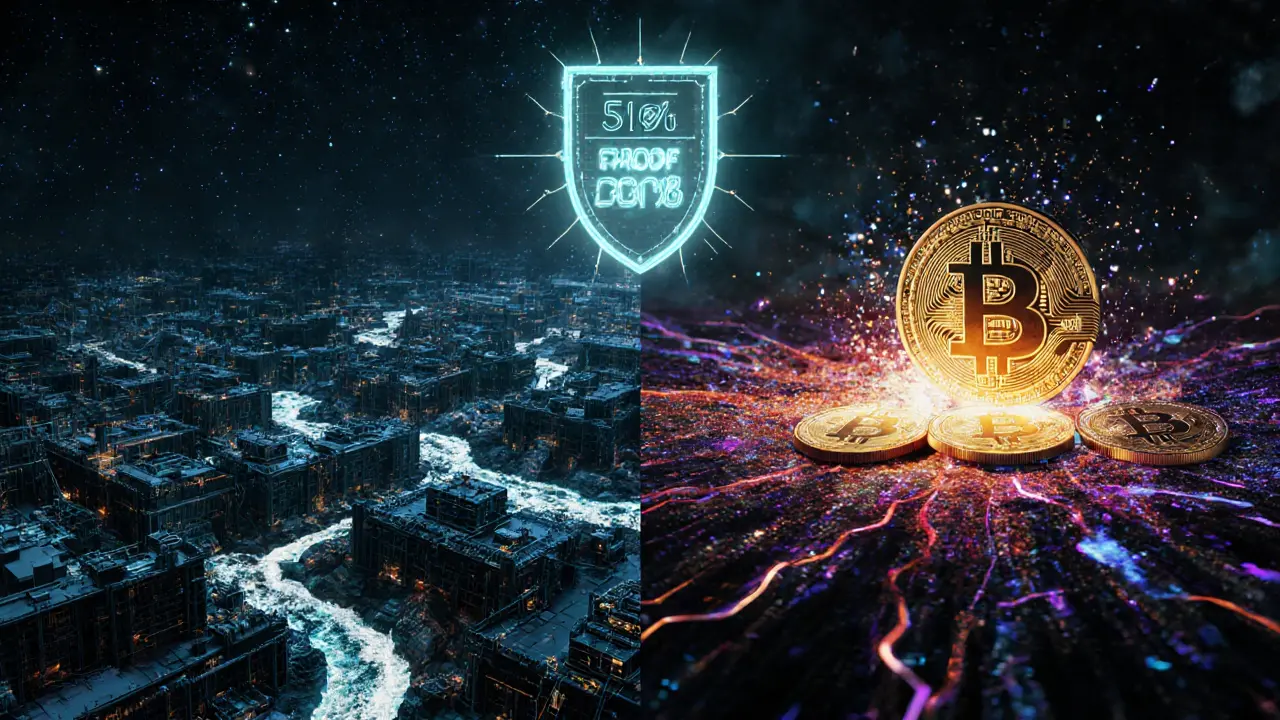 Split view: secure Bitcoin network vs vulnerable small-chain with one dominant mining pool.