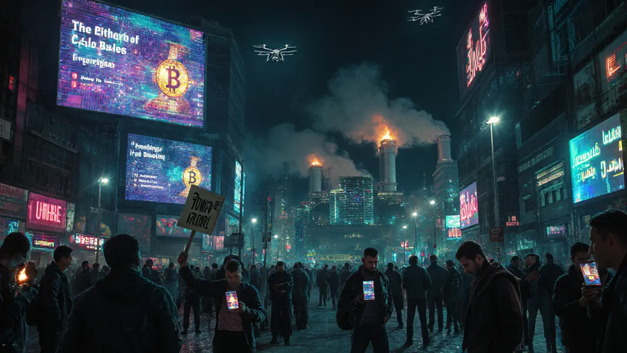 Tehran street blackout with citizens using phones while a powered mining complex glows in the distance.