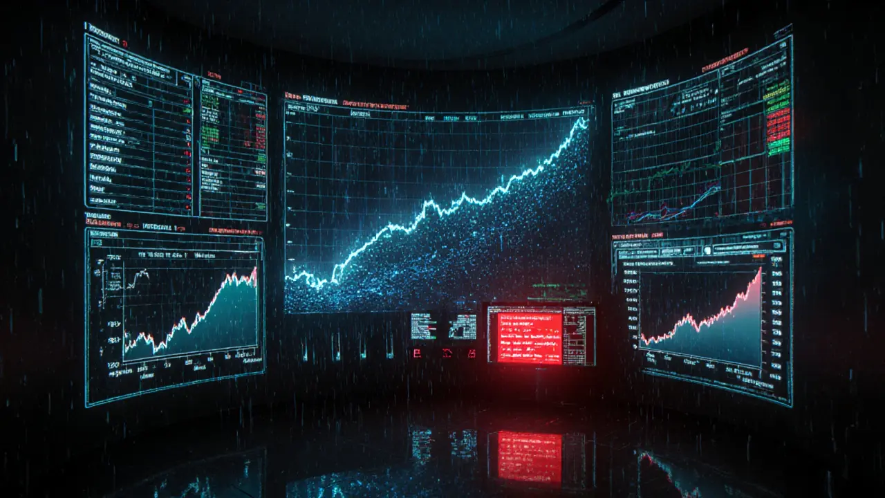 Trader in cyberpunk apartment surrounded by holographic mempool analytics and a massive BTC transfer alert.