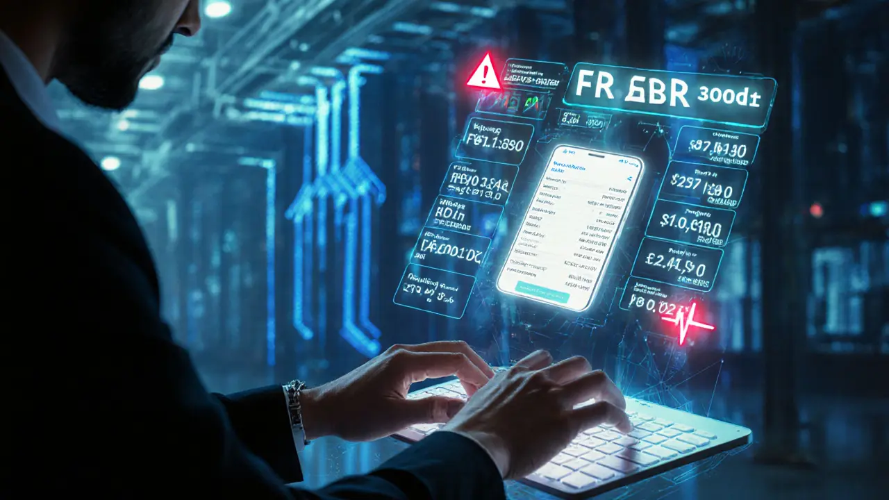 Trader surrounded by floating PKR transaction logs and FBR audit alerts in cyberpunk style.
