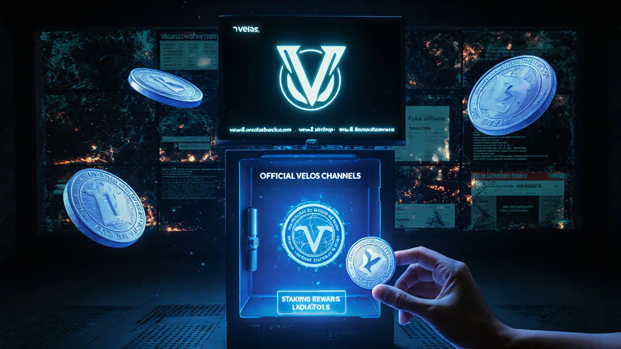 Validator node glowing with real VLX rewards, surrounded by burning fake airdrop screens.