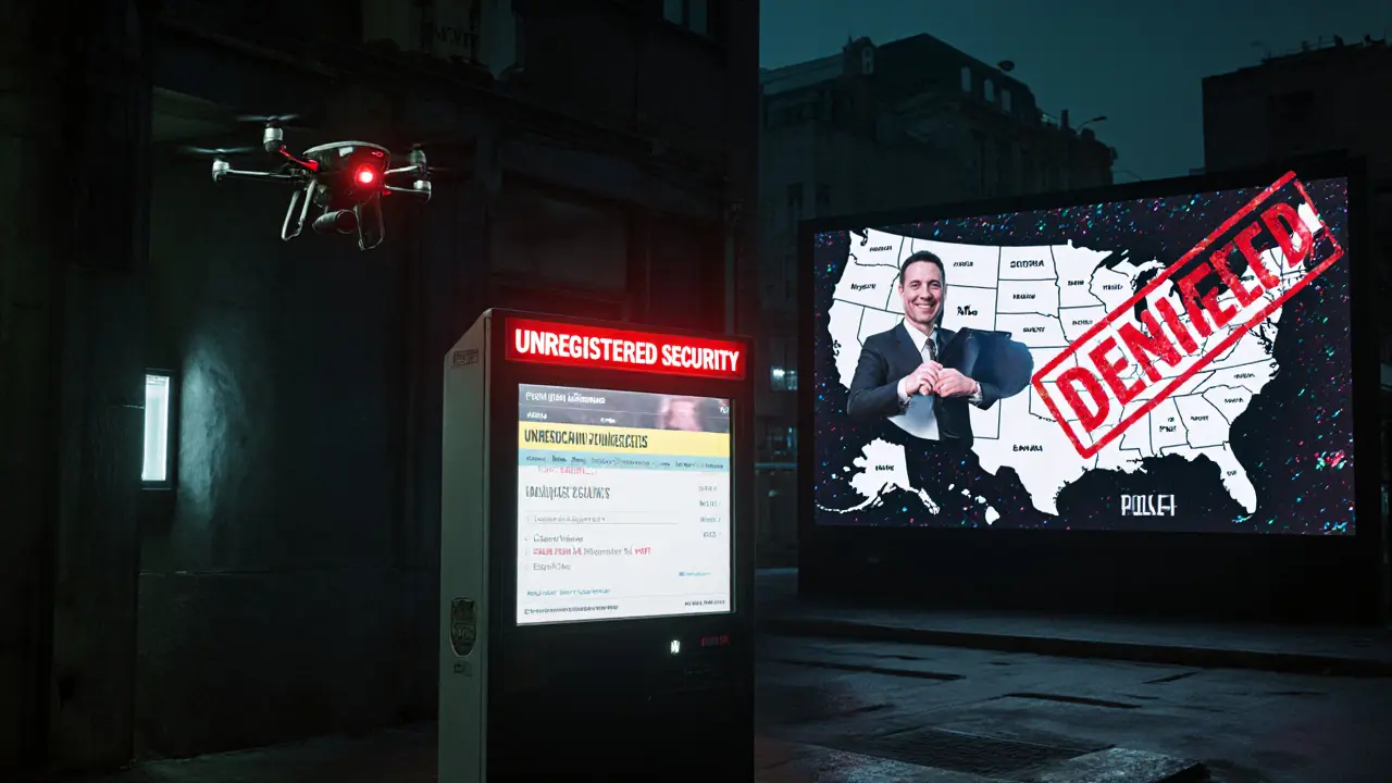 Wyoming NFT kiosk with holographic deed and police drone displaying &#039;UNREGISTERED SECURITY&#039; alert.