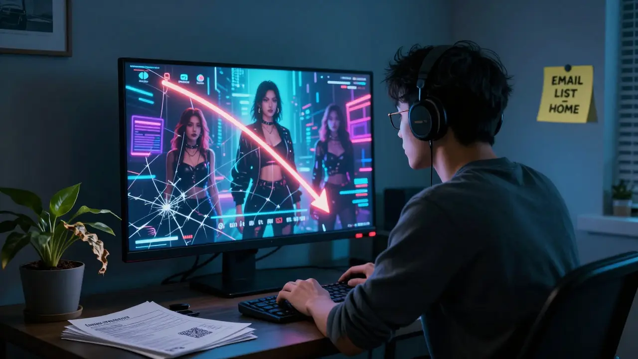 A creator facing a collapsing view counter while AI influencers flicker in the background, with 'EMAIL LIST = HOME' on the wall.