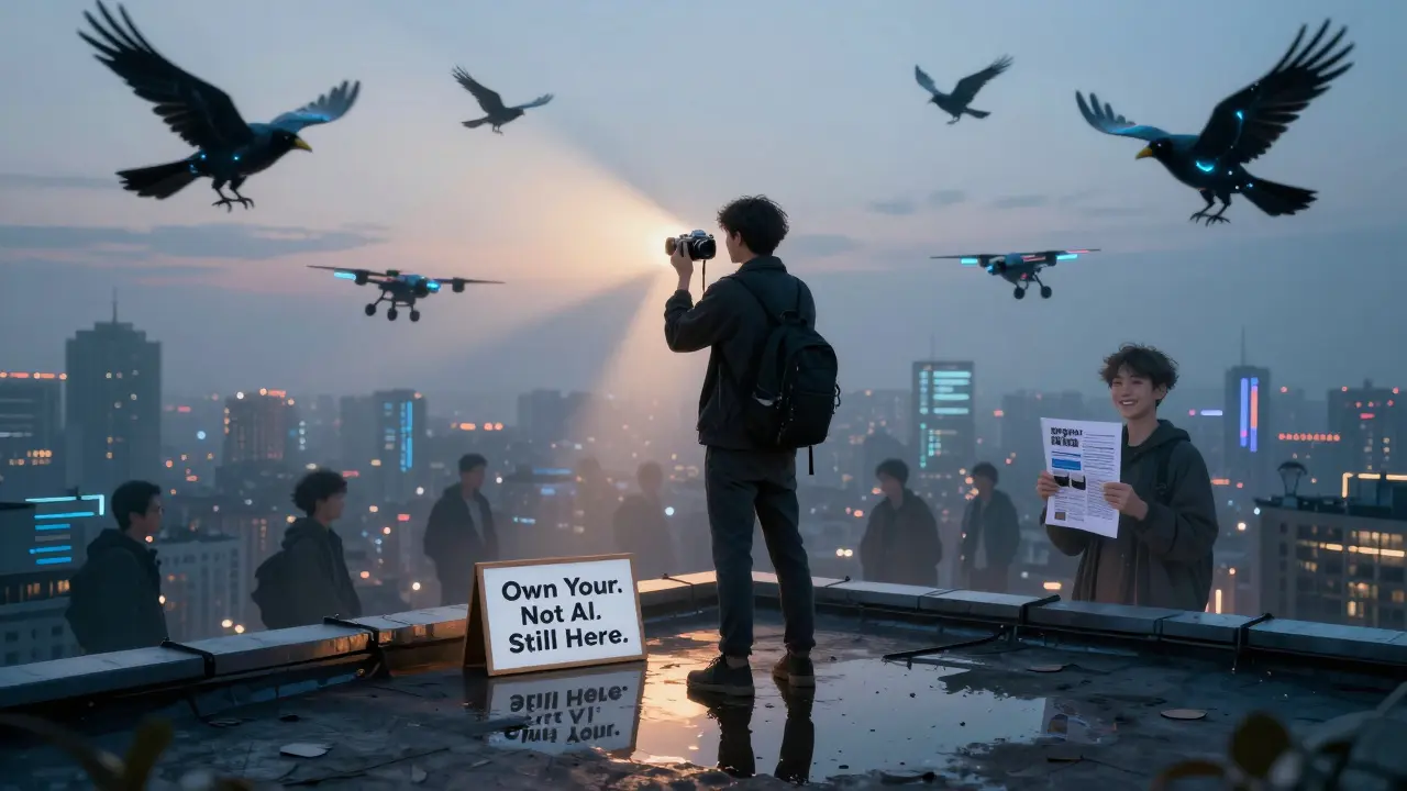 A creator with an analog camera stands on a rooftop as digital avatars swirl around them, sunlight breaking through smog.