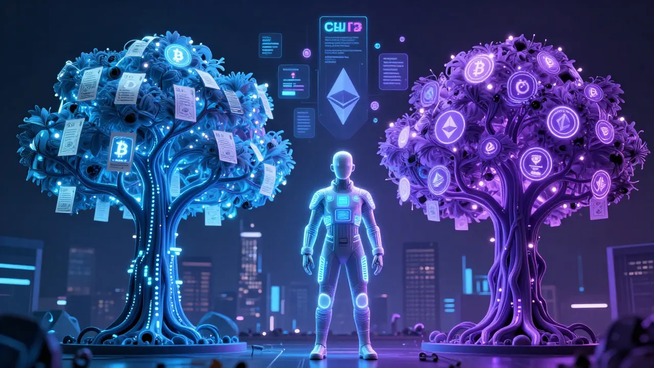 A cybernetic engineer beside contrasting Bitcoin and Ethereum tree structures, with Verkle trees emerging in the background.
