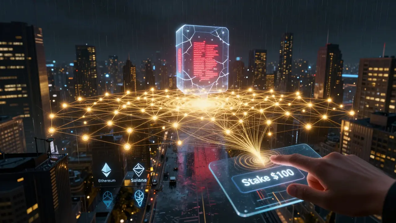 A cyberpunk cityscape with a glowing staking network of nodes and a hand confirming a 0 stake on a transparent screen.
