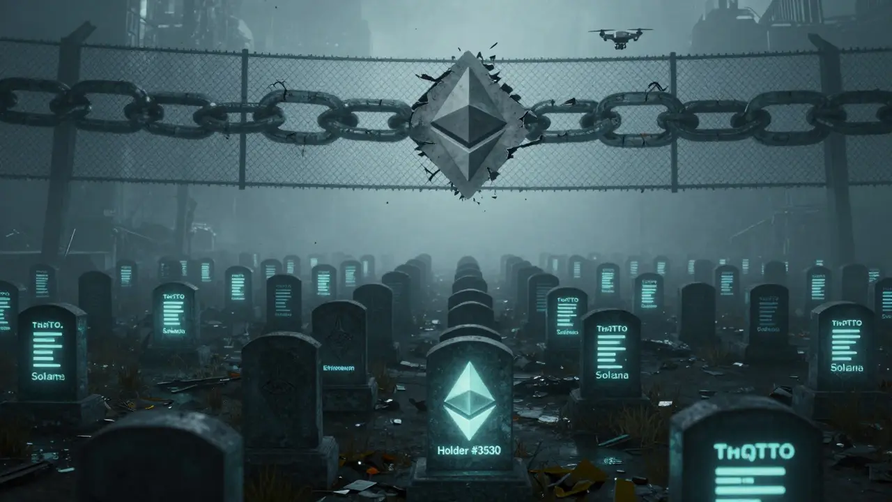 A digital graveyard of empty crypto wallets stretches into fog, lit only by one active address labeled 'Holder #3530'.