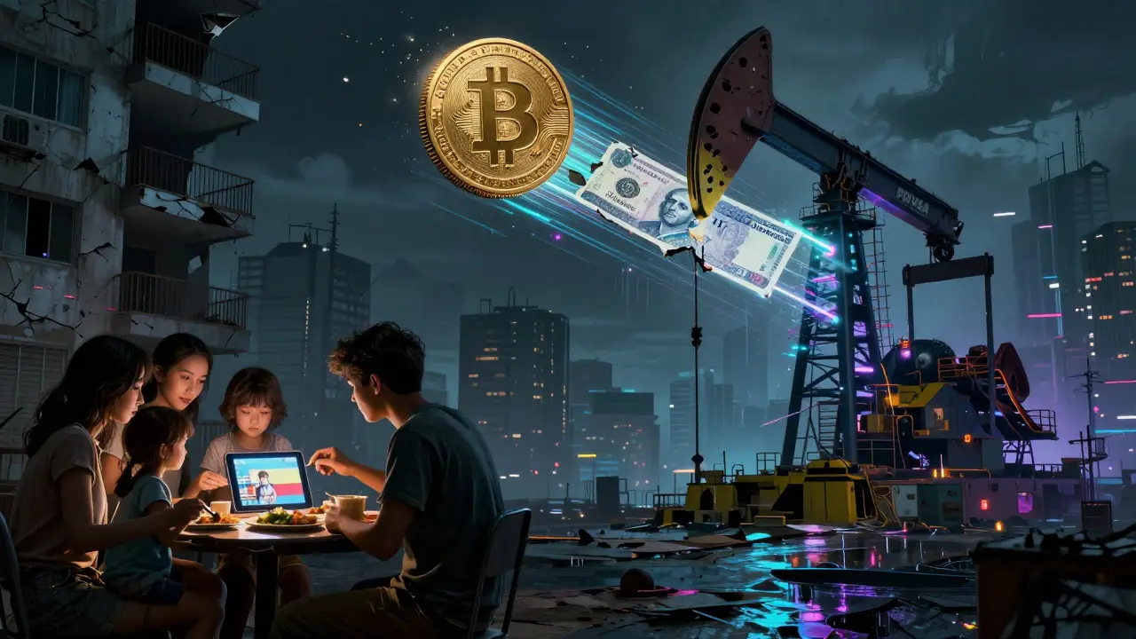 A family eats dinner lit by a tablet while a shadowy oil rig sends crypto data streams into the sky above a dying currency.