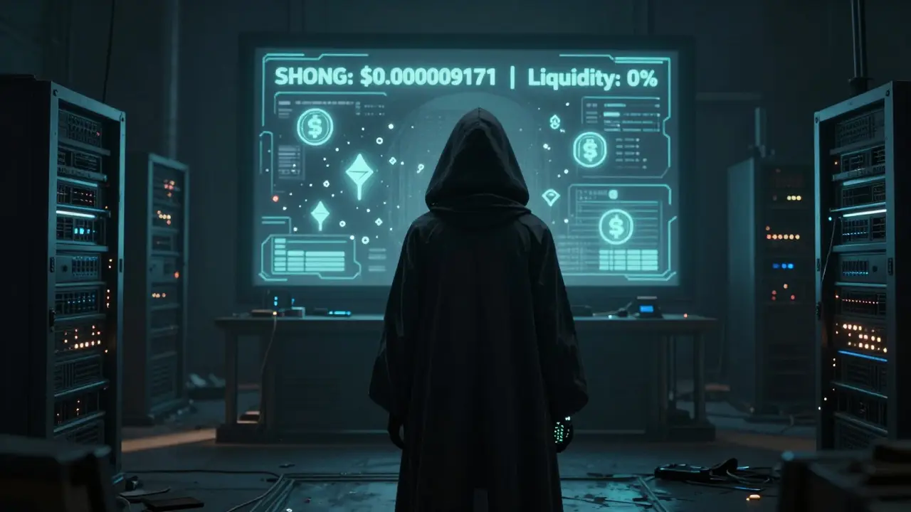 A figure before a dead crypto exchange terminal showing zero liquidity for SHONG token.