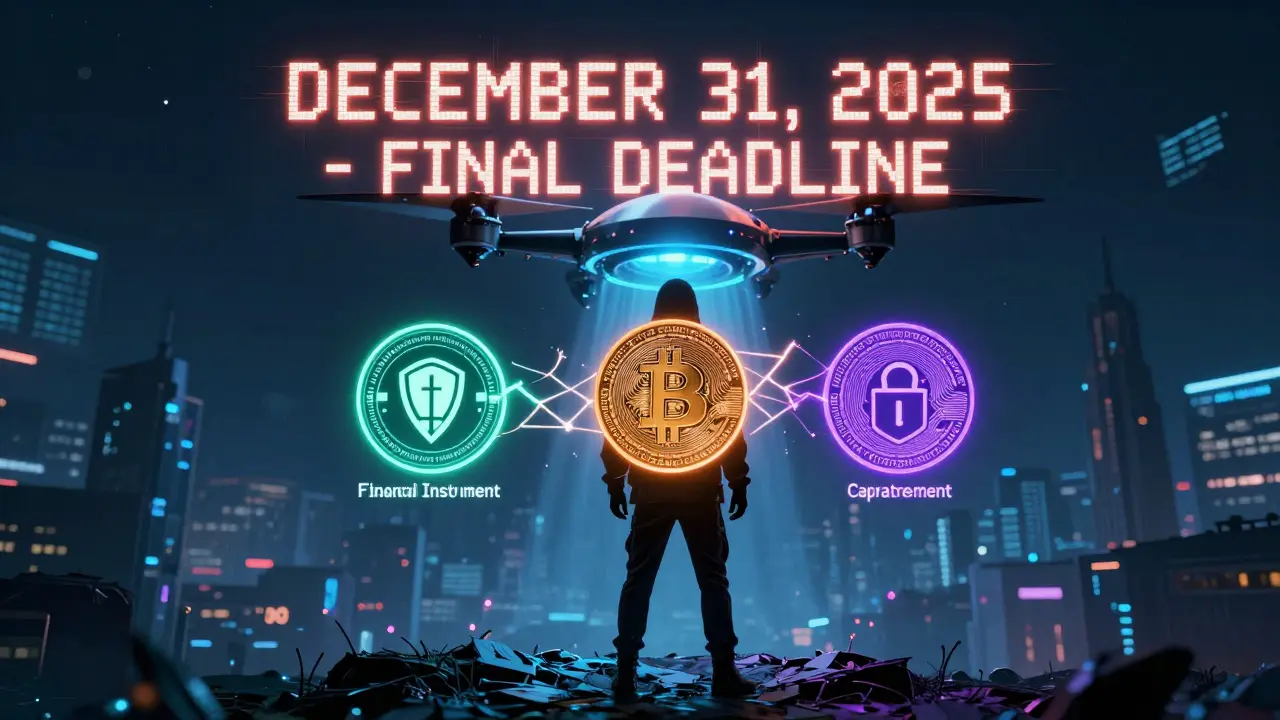 A figure holding a fracturing crypto token with regulatory categories, watched by a BaFin surveillance drone.