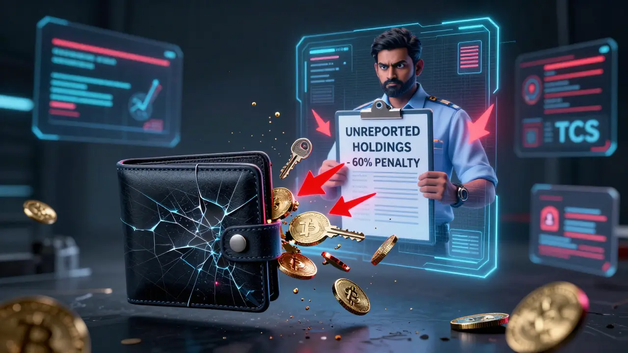 A floating wallet spills crypto keys as a tax officer hologram looms with 60% penalty warning.