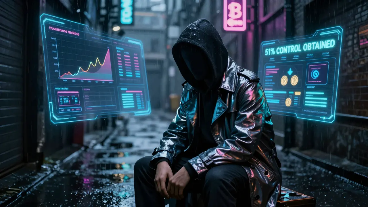 A hacker using rented mining power to execute a 51% attack on a small cryptocurrency.