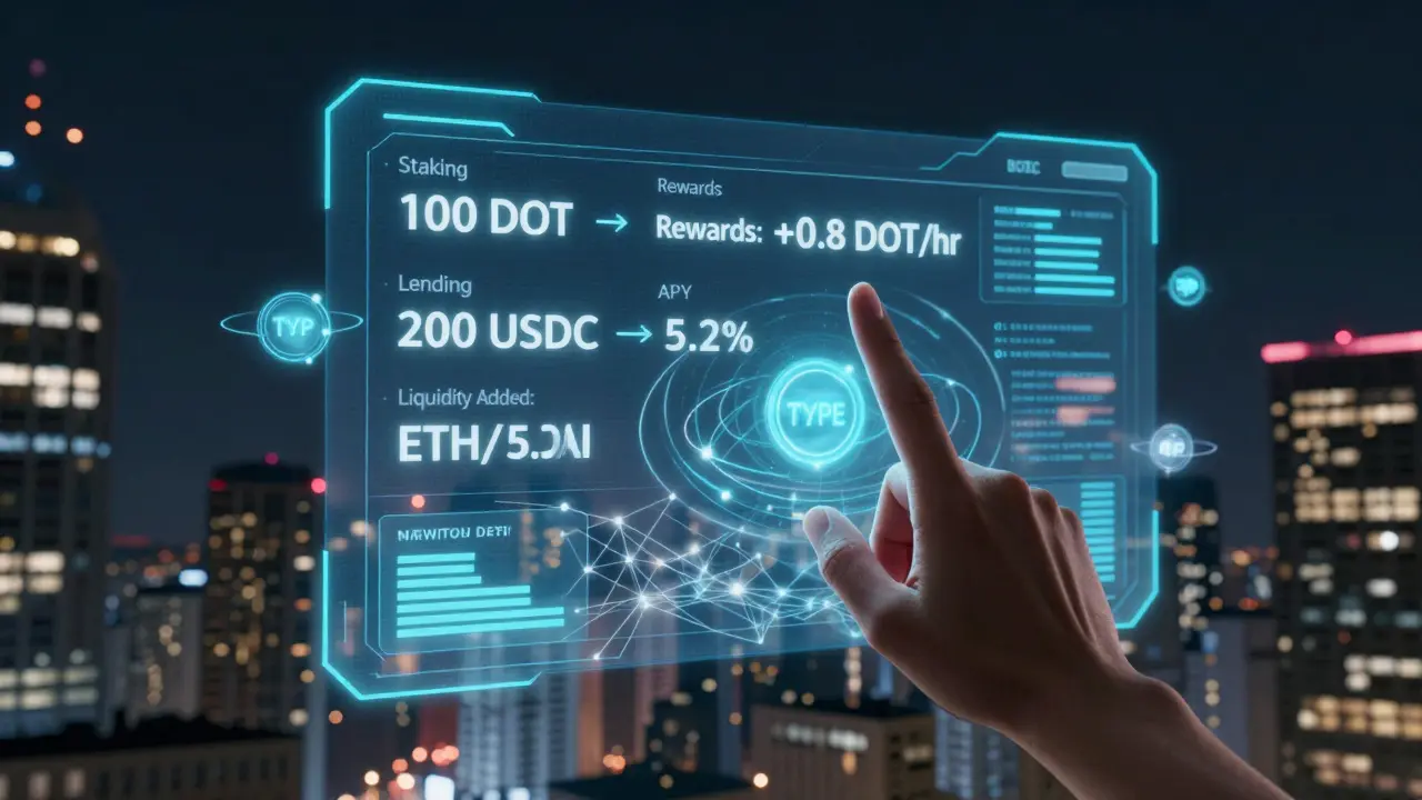 A holographic DeFi dashboard shows real-time staking, lending, and liquidity actions with orbiting TYPE tokens.