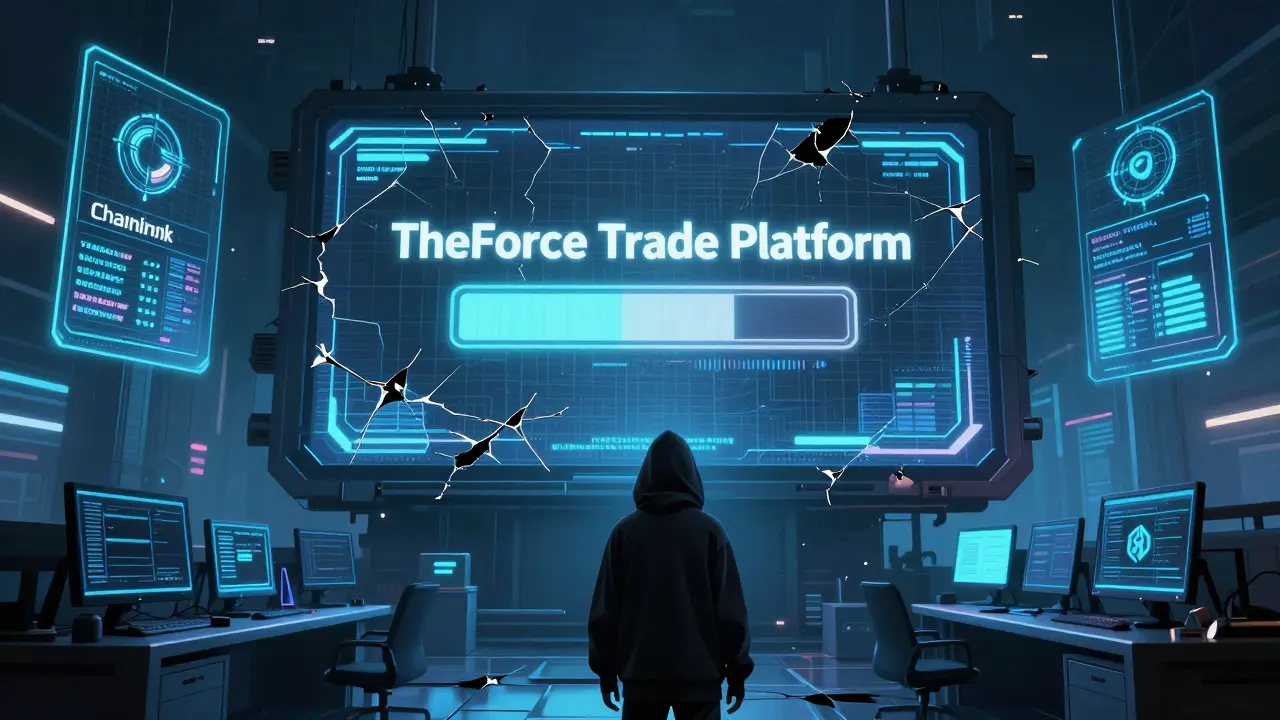 A lone figure faces a frozen TheForce Trade platform while Chainlink and The Graph glow brightly nearby.