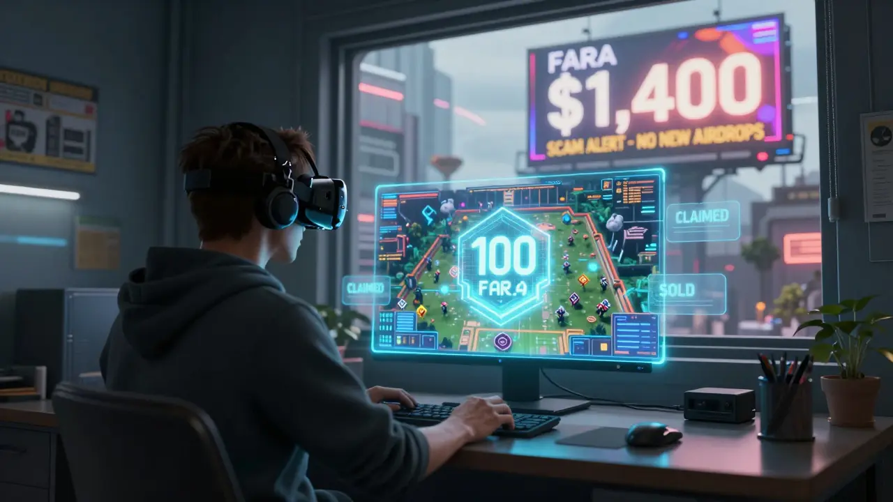 A player in a dim room with FARA tokens above their desk, a 'SCAM ALERT' billboard visible through the window.