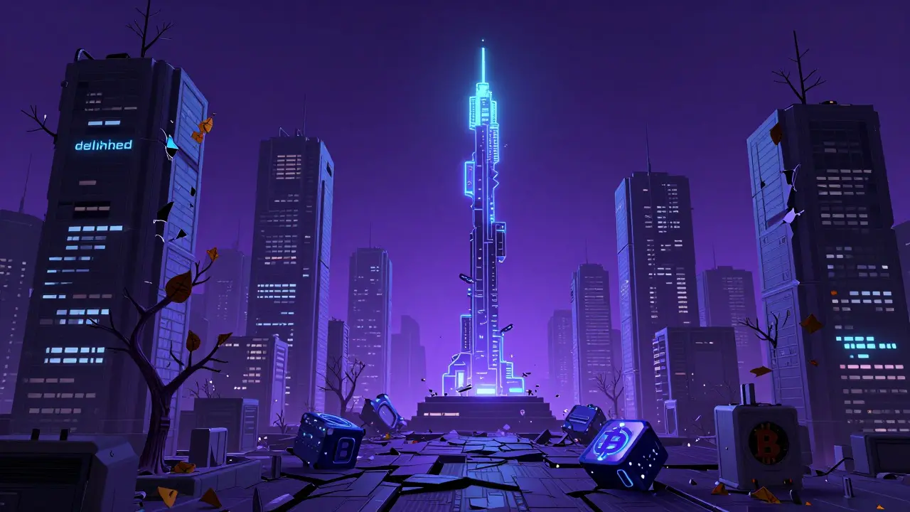 A ruined crypto ecosystem with only Bitcoin standing strong amid dead blockchain nodes.