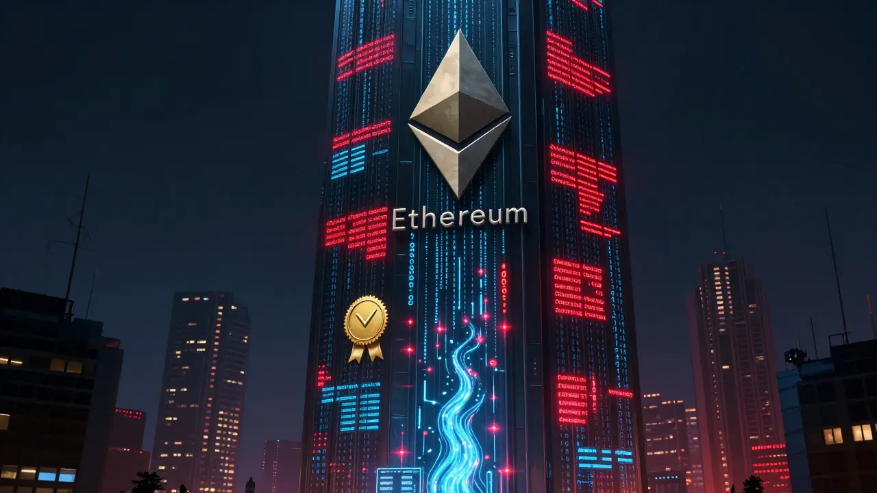A towering judicial structure verifying cryptographic proofs, symbolizing Ethereum's settlement layer in cyberpunk style.