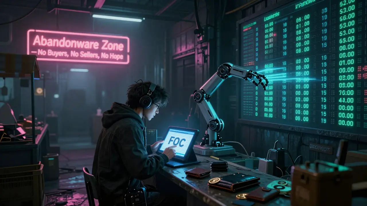 A vendor sells FOC tokens in a deserted crypto bazaar as a robotic arm erases its market cap.
