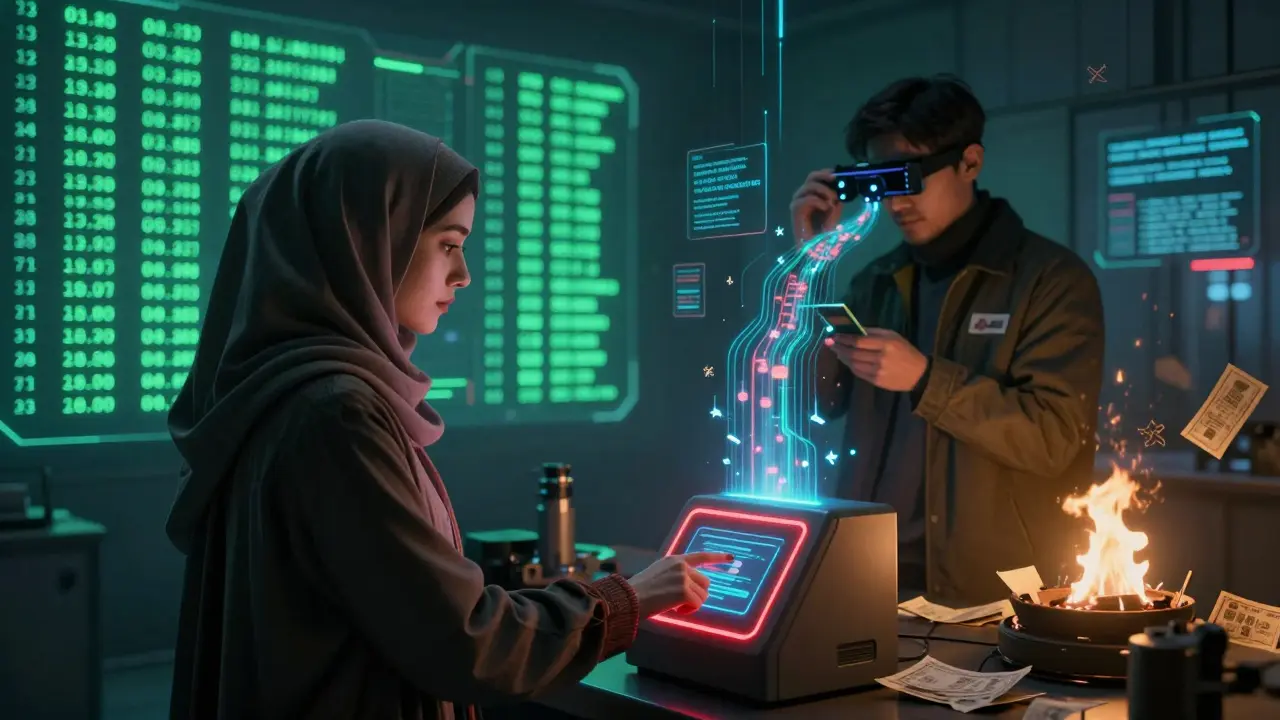 A woman tapping a chip card as digital payment streams glow around her in a high-tech aid hub.