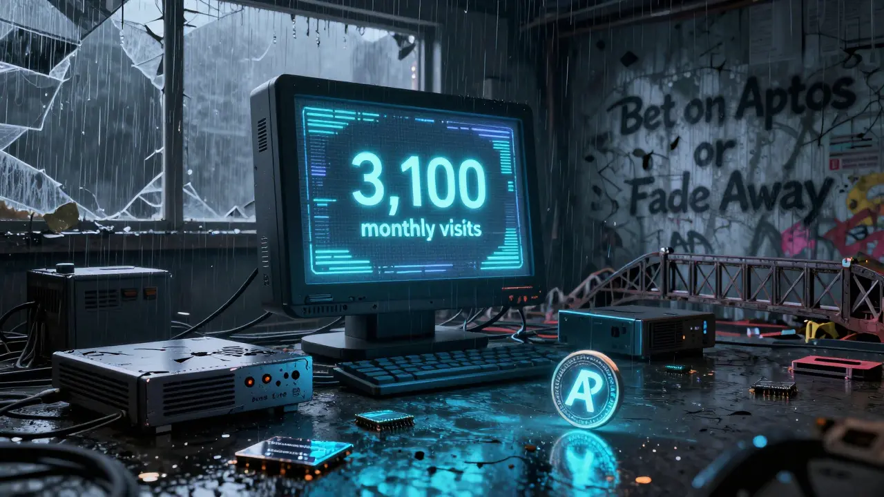 Abandoned Liquidswap terminal in a dystopian server room, dim screen showing low traffic, APT token rolling on floor.