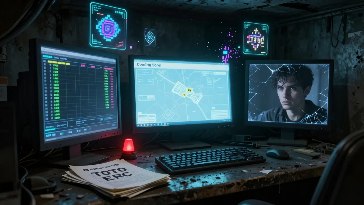 An abandoned trading terminal displays TOTO's zero-volume chart and unfinished roadmap under a pulsing red warning light.