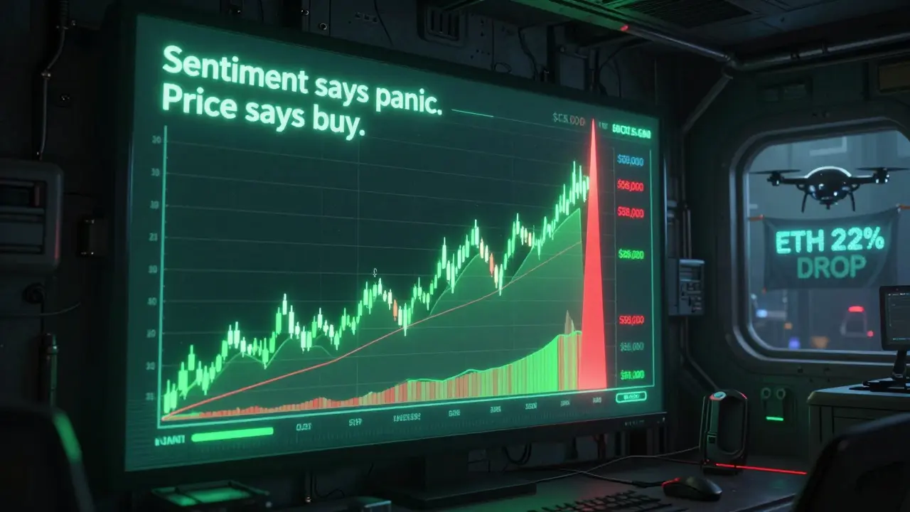 Bitcoin chart with bullish pin bar and sentiment filters, AI voice hinting at trade signal.
