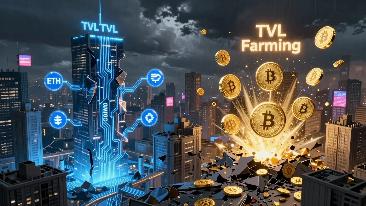 Contrasting cyberpunk districts: stable TVL flows vs. collapsing fake liquidity bubbles.