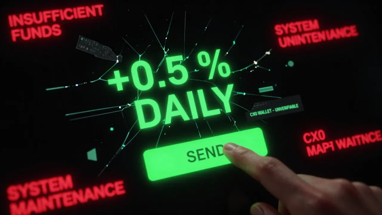 Cracked digital wallet showing false rewards and persistent 'insufficient funds' errors.