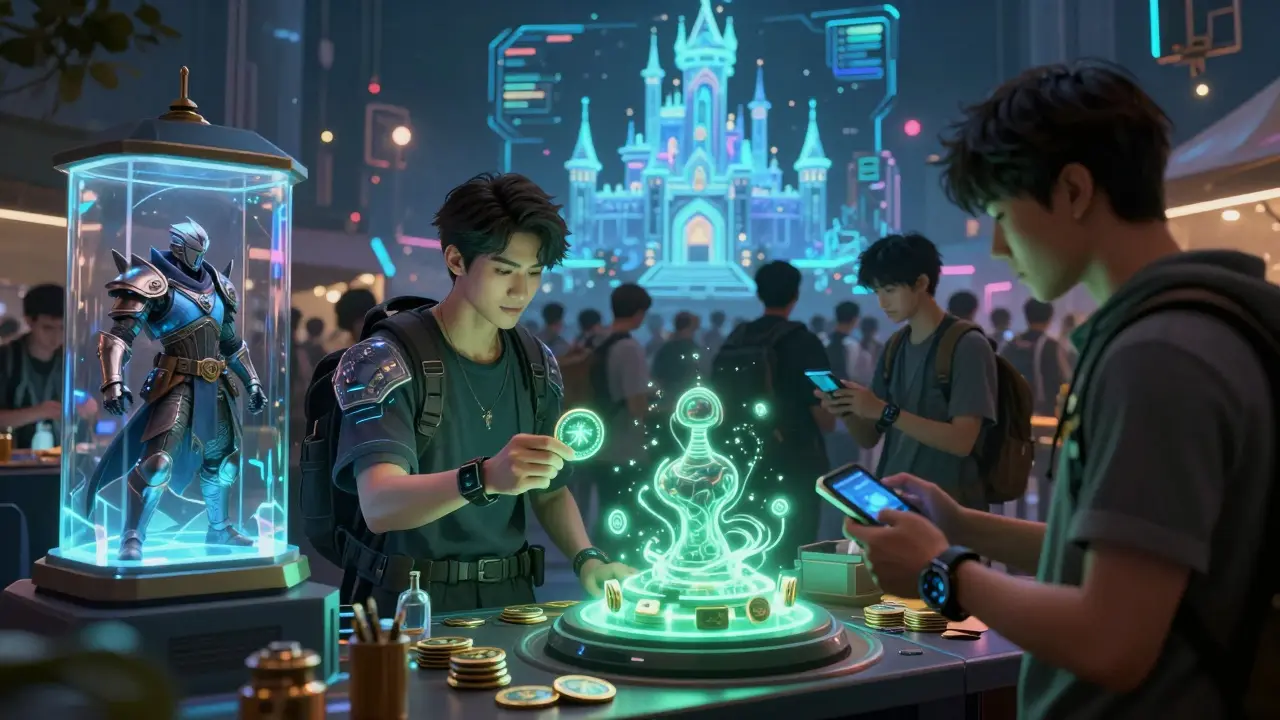 Cyberpunk marketplace where FARA tokens are traded and staked, with Faraland’s castle glowing in the background.