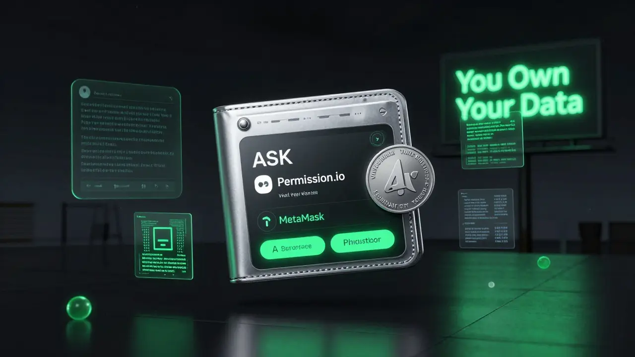 Digital wallet withdrawing ASK tokens with encrypted data shards dissolving into light.