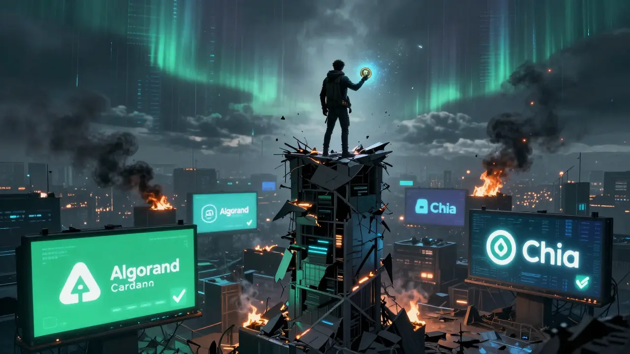 Figure watching AFIN token crumble to ash as legitimate green cryptos glow below.