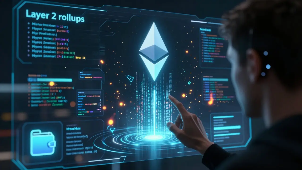 Hacker's AR interface showing Layer 2 rollups bundling transactions into a cryptographic proof.