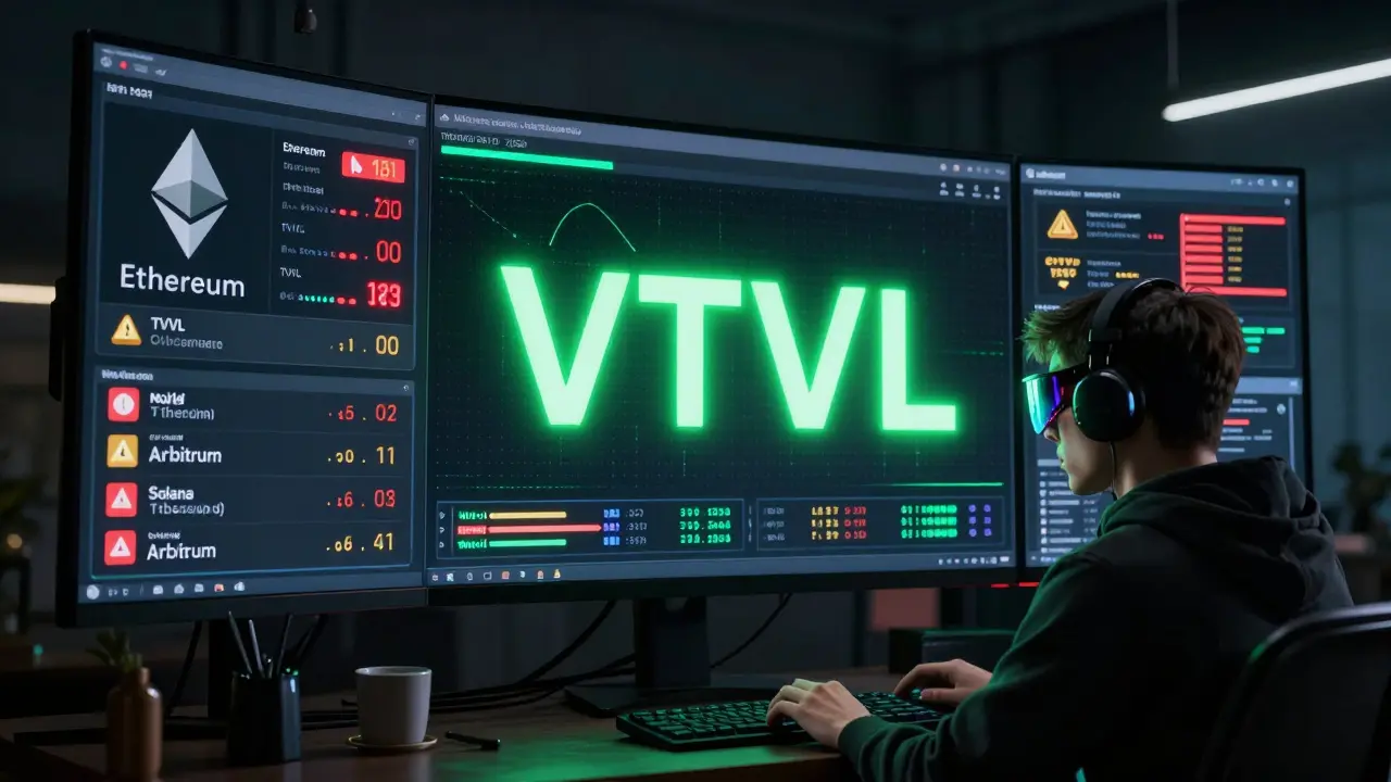 Hacker analyzing TVL comparisons on a holographic dashboard with vTVL glowing in green.