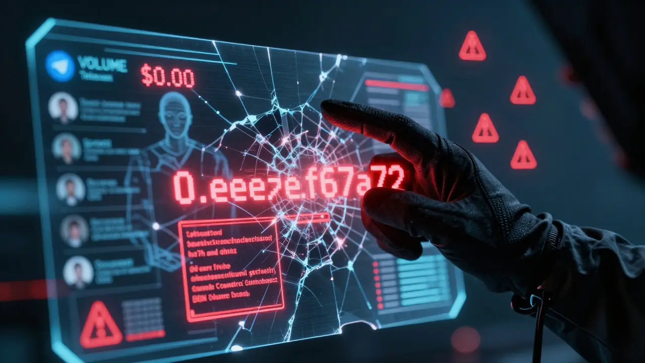 Hand hovering over a malicious blockchain contract draining a crypto wallet.