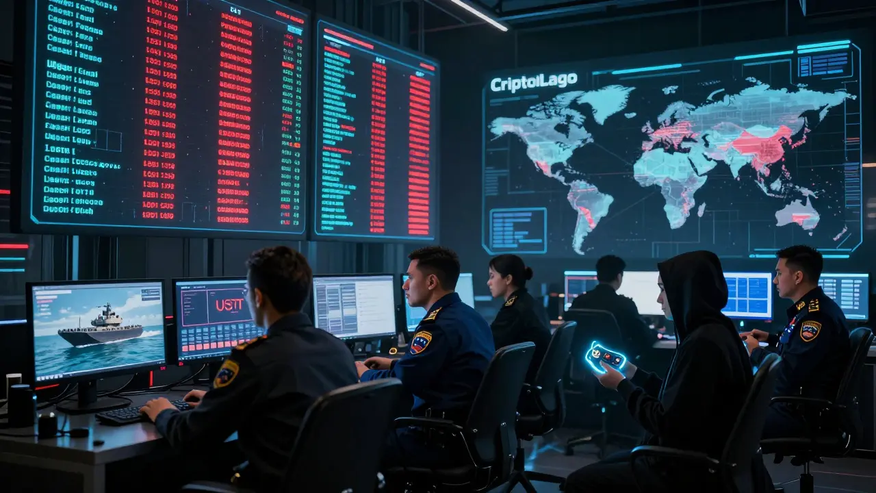 Inside a state-run crypto exchange, officials monitor USDT transfers from oil tankers via glowing holographic dashboards.