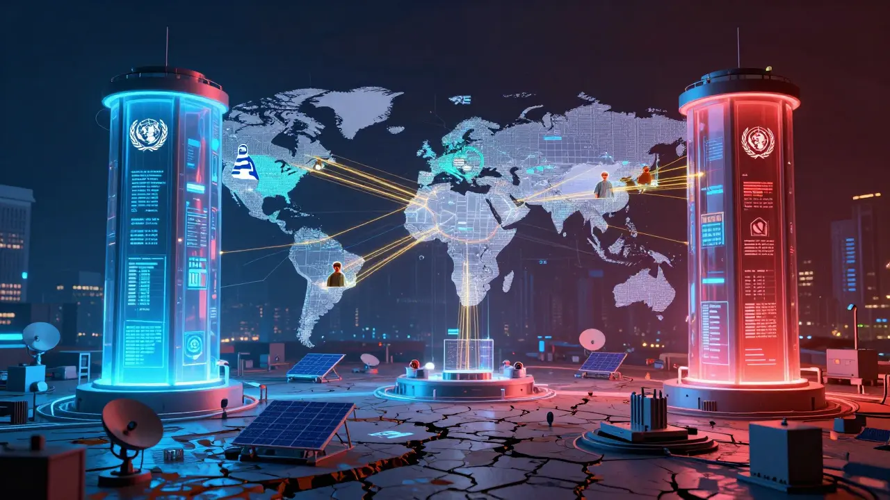 Massive data towers connecting global humanitarian blockchain networks under a fractured landscape.