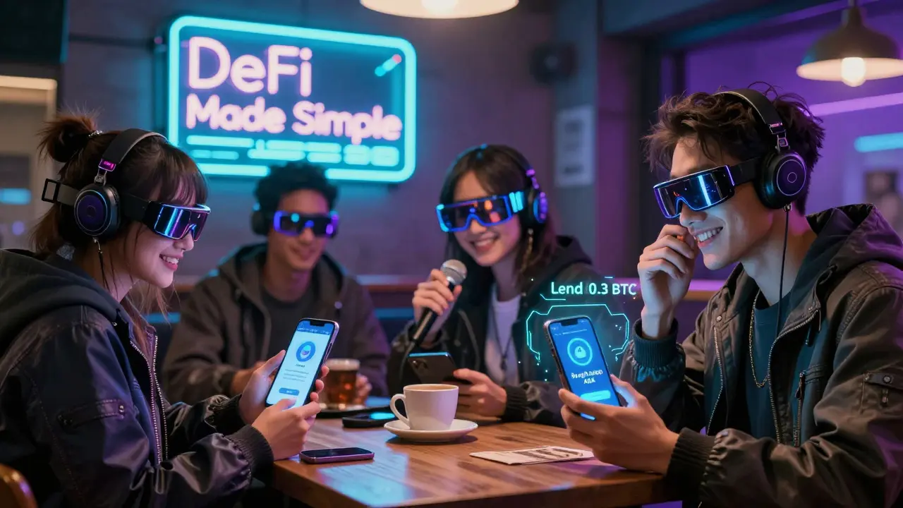 People in a neon-lit café use TypeAI via devices, smiling as crypto transactions complete with holographic confirmations.