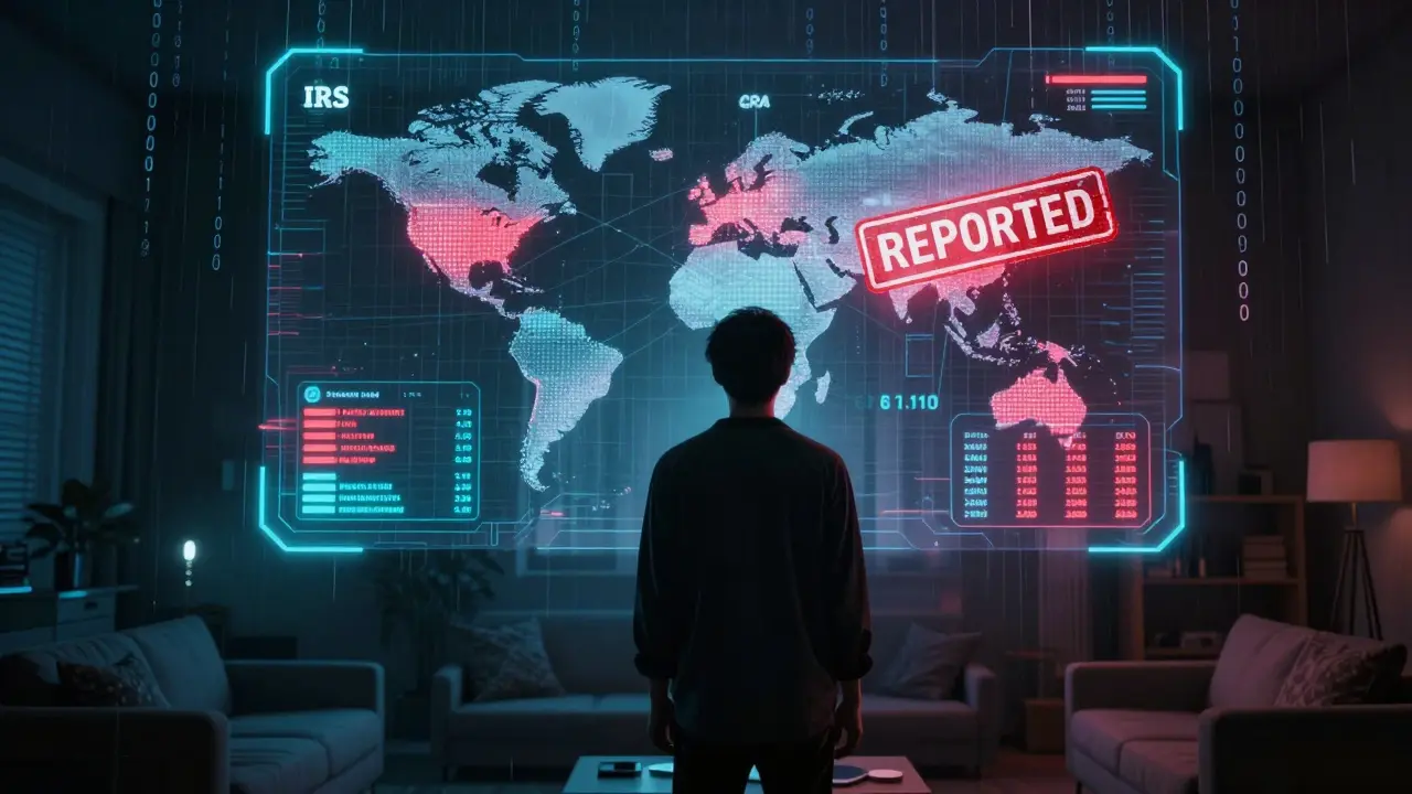 Person viewing holographic crypto tax report with red 'REPORTED' tags and global data connections behind them.