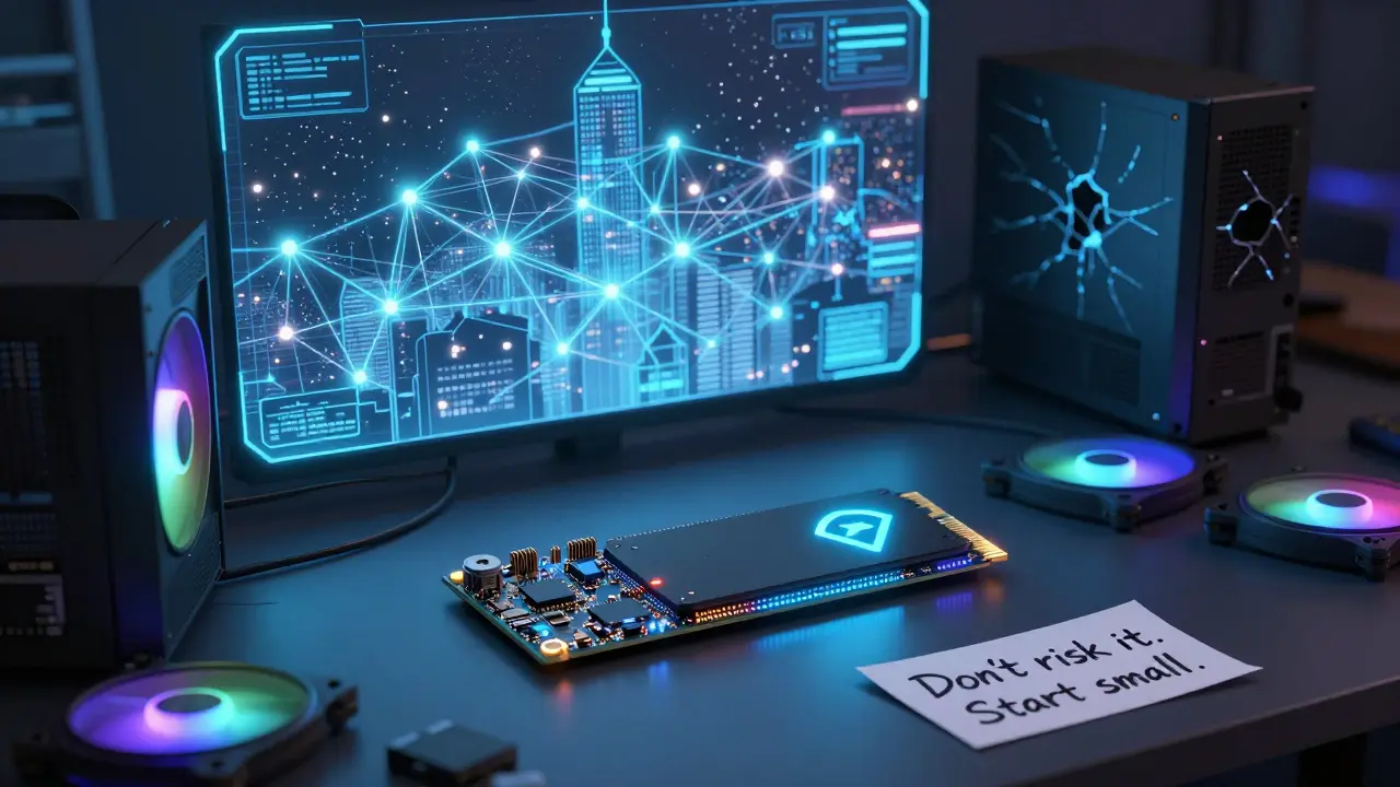 Raspberry Pi running Plasma validator beside dead gaming PCs, with a city-scale blockchain hologram in background.