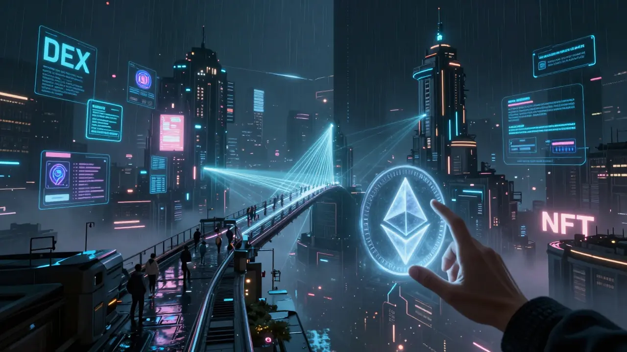 Split-screen cyberpunk scene: chaotic execution layer connected by light to a serene settlement tower verifying transactions.