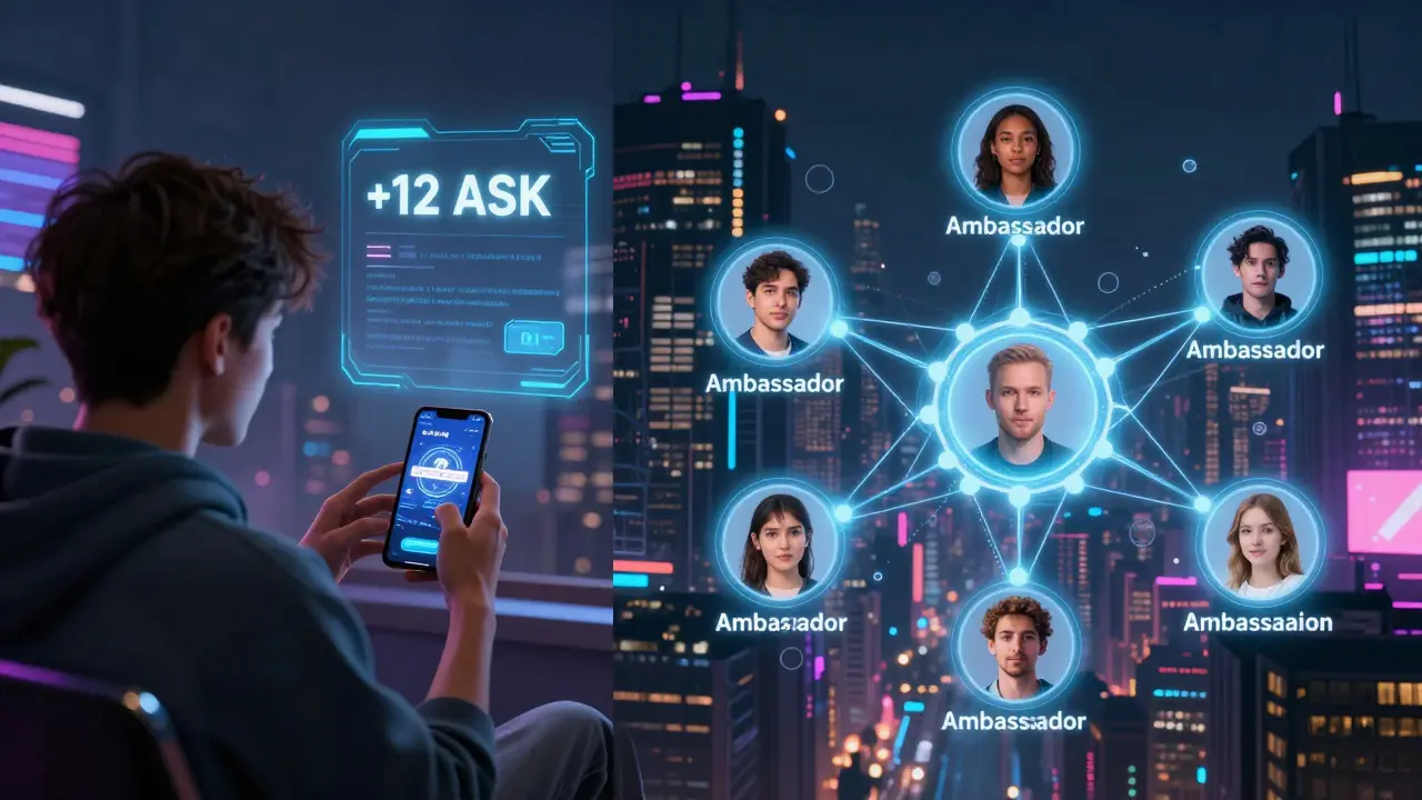 Split-screen of someone earning ASK tokens by watching ads and expanding a referral network.