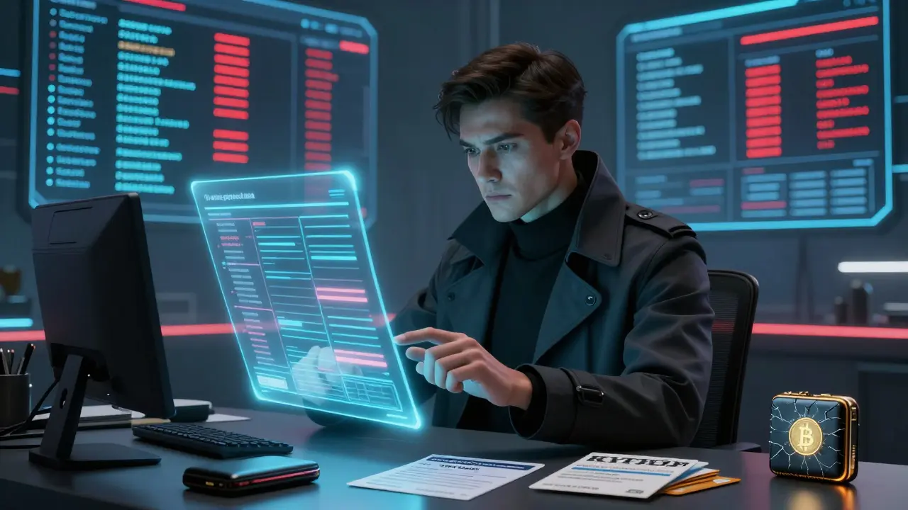 Tax auditor reviewing AI-generated crypto audit with holographic transactions and flagged wallets in background.