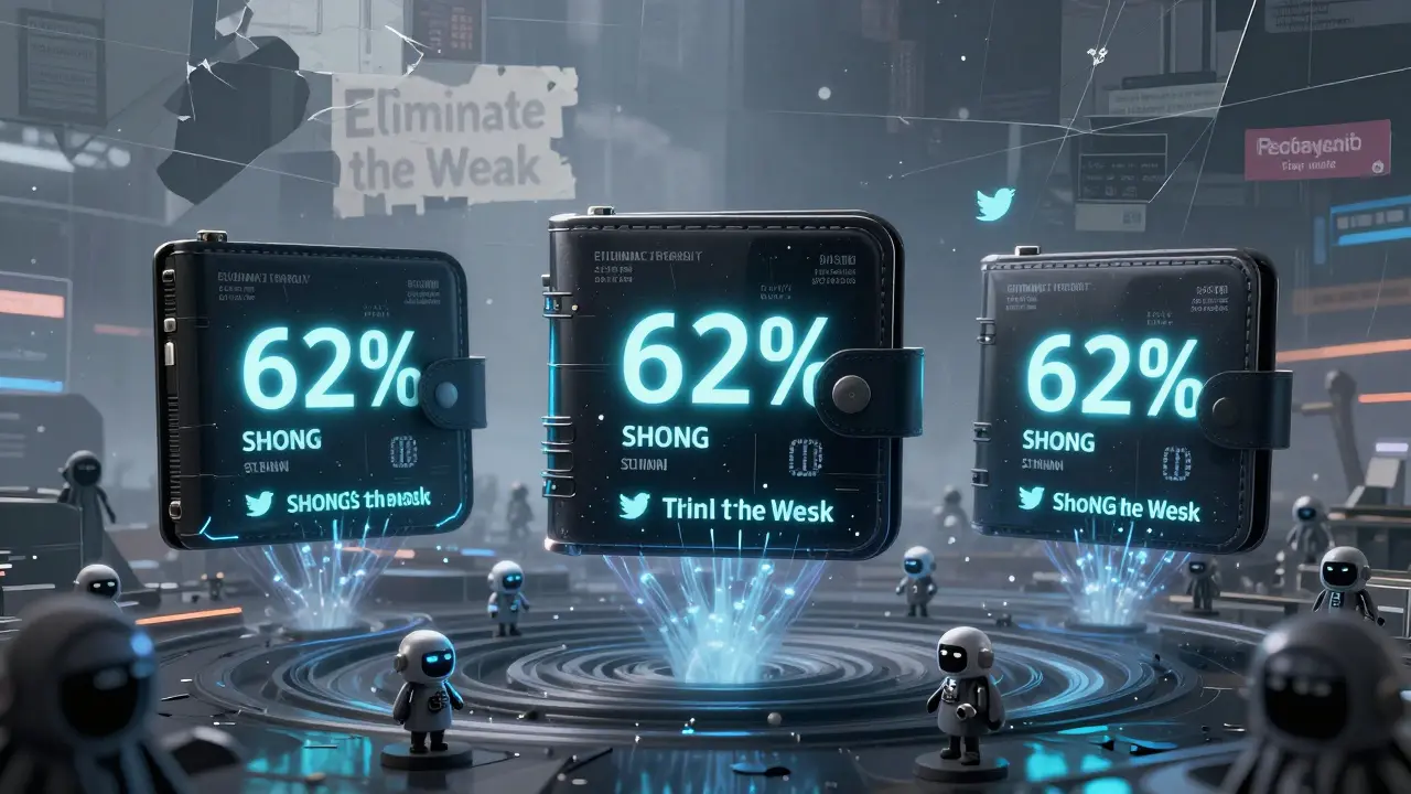 Three massive digital wallets holding most of SHONG supply floating in a void with fading bots below.