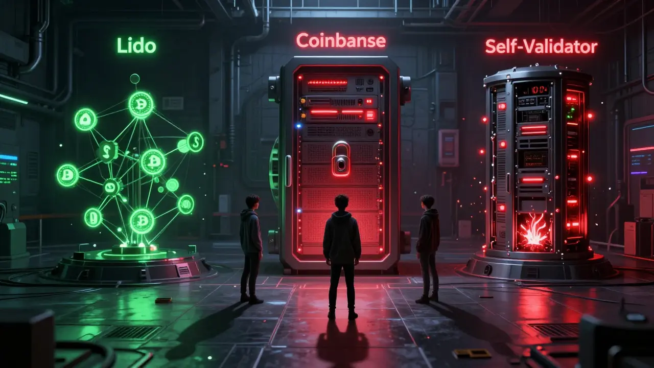 Three symbolic staking methods in a high-tech vault: centralized, decentralized, and self-validator, with warning lights and private keys.