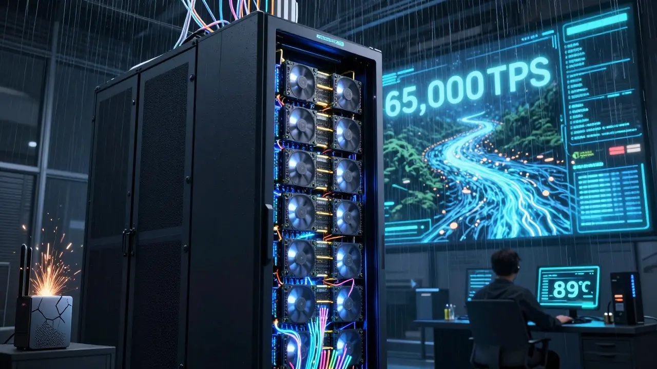 Towering Solana validator with glowing RAM and digital TPS flow in a high-tech climate-controlled room.