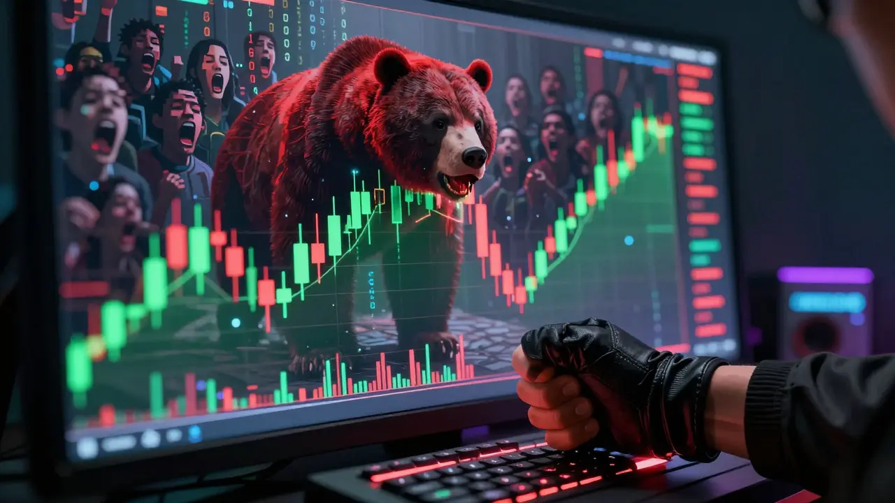 Trader's hand reacting to a bearish engulfing candle with glowing fear-greed data overlay.