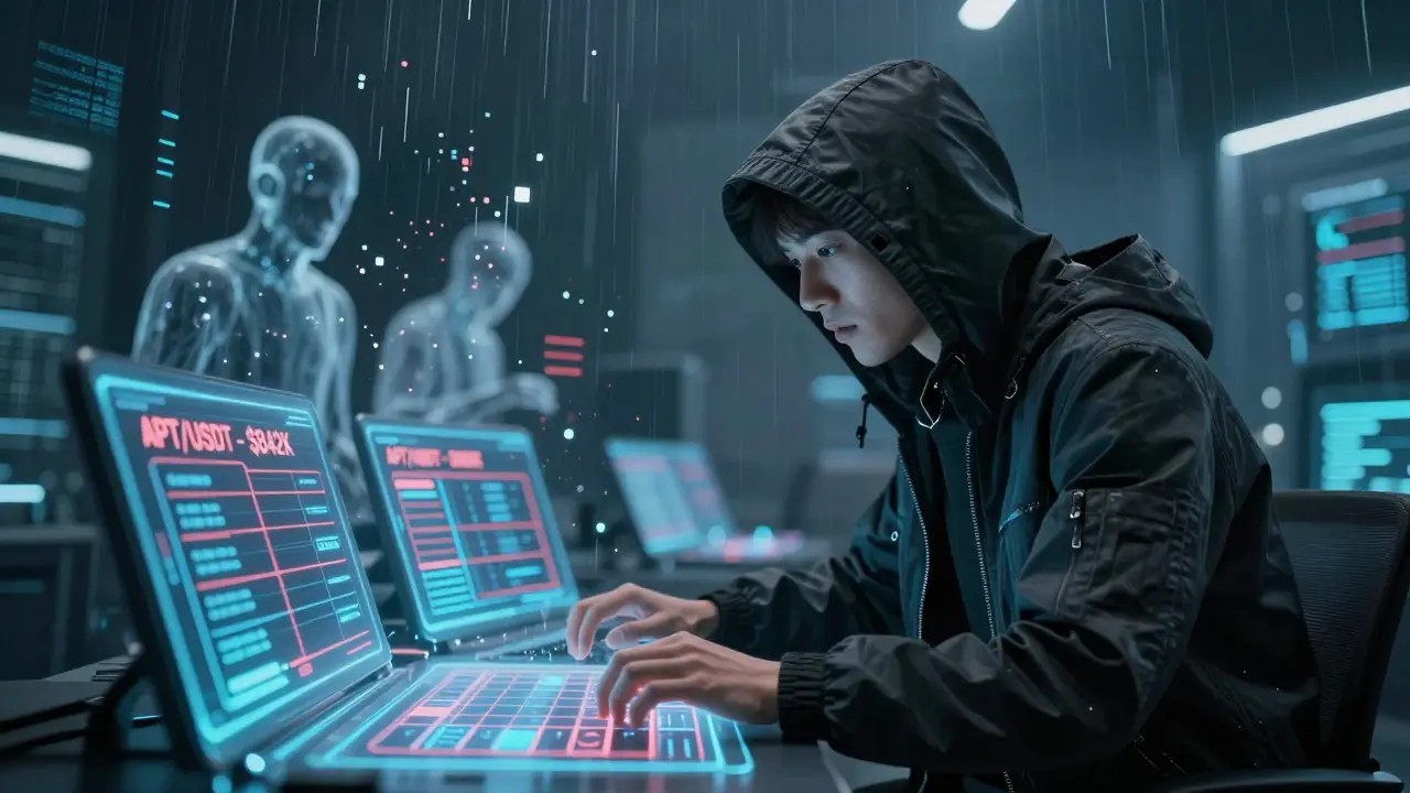 Trader monitoring low-liquidity pools on a holographic console with warning lines and pixelated trade ghosts.