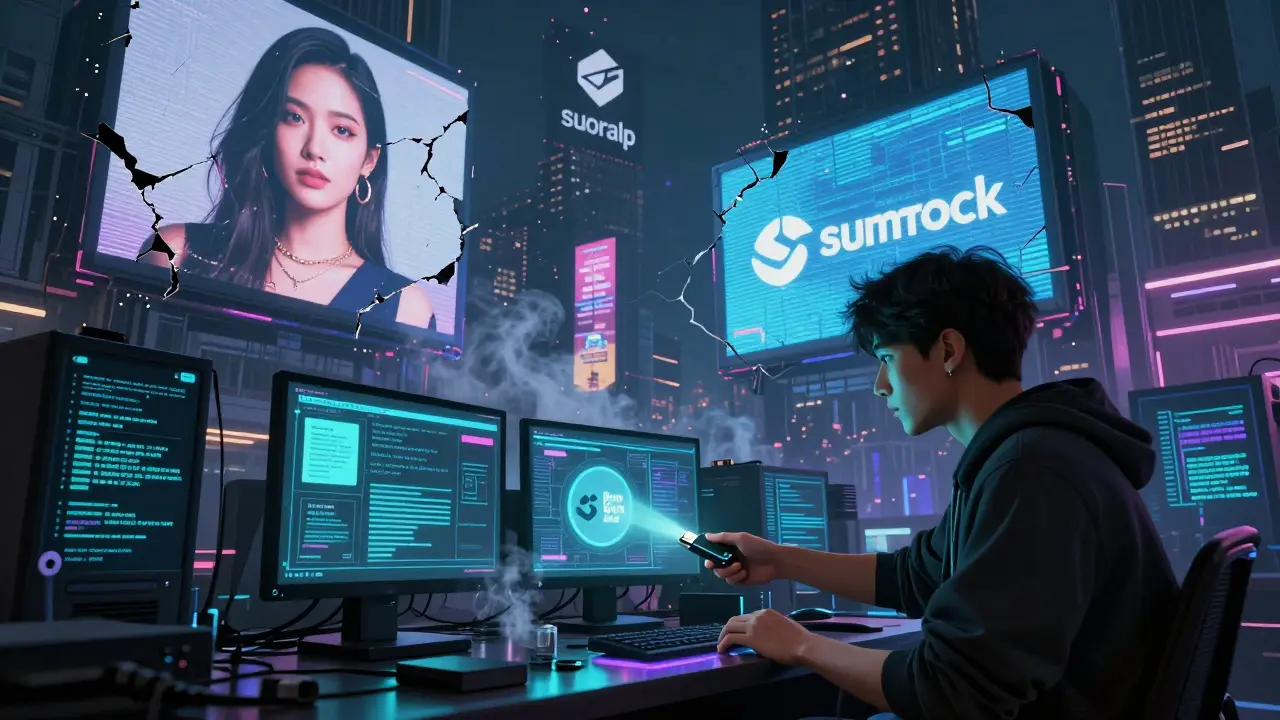 Underground creators sharing encrypted digital products in a city ruled by crumbling social media billboards.