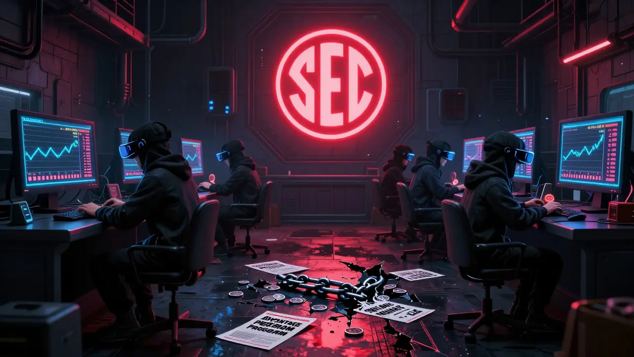 Underground crypto market with fake price charts and SEC warning light over broken blockchain.