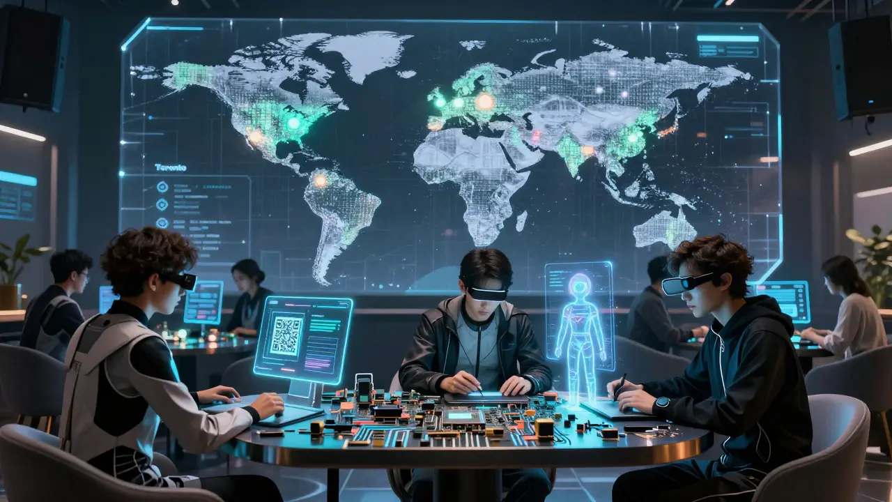 Users interacting with holographic dApps in a decentralized lounge, global node map glowing behind them.